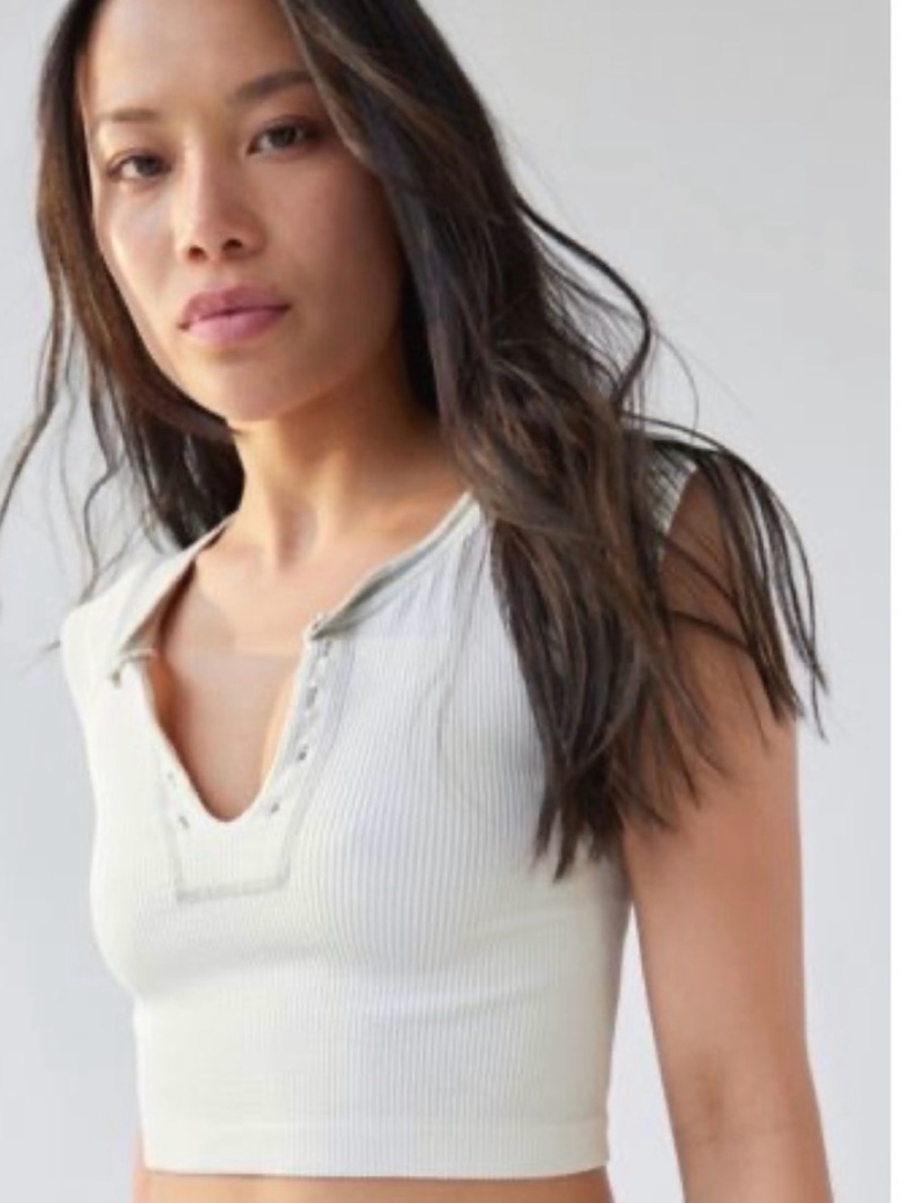 Urban Outfitters Go For Gold - Ribbed Cropped Henley Tank - Cream